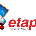 Software: Logotipo da ETAP com um gráfico de um globo e uma esfera vermelha. A palavra ETAP está em letras vermelhas em negrito, seguida pela frase Thinking Power em texto menor. Um quadrado azul inclinado com um design técnico, simbolizando soluções de software inovadoras, está acima do globo.