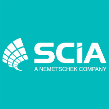 Software: Logotipo da SCIA Engineer - Software Completo, uma empresa da Nemetschek, em um fundo azul-petróleo. O design apresenta uma onda estilizada composta de formas geométricas à esquerda do texto SCIA, ideal para quem busca comprar software com entrega imediata.