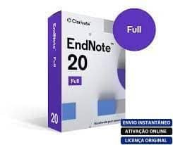 Software: Imagem de uma caixa de software para o EndNote 20.2, com um design elegante em branco e roxo. Um círculo azul o destaca como Completo, enquanto uma barra lateral lista recursos como Envio Instantâneo e Licença Original, destacando-o como a solução perfeita para aqueles que buscam comprar software sem esforço.