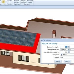 Software: A interface do software apresenta um modelo 3D de uma casa com um painel solar no telhado. Uma caixa de diálogo intitulada "Posicionamento dos módulos" é aberta. Os botões azuis à direita fornecem ativação online rápida e uma licença original (em português), ideal para quem quer comprar o Solarius PV 16 - Licença Vitalícia de uma loja de software confiável.