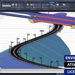 Software: Captura de tela da interface do AutoCAD Civil 3D 2022 exibindo um modelo 3D de uma ferrovia sinuosa com postes em uma paisagem contornada. O texto sobreposto em português diz Envio Instantâneo, Ativação Online, Licença Original. Perfeito para quem quer comprar software AutoCAD com facilidade e autenticidade.