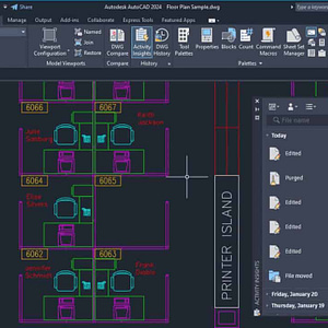 Software: Uma captura de tela apresenta a interface do Autodesk AutoCAD 2024 - Software Vitalício Original exibindo um projeto de planta baixa com vários cubículos de escritório rotulados como 606, ícones de computador e uma área marcada como Printer Island. A barra lateral de atividade de arquivo destaca edições recentes e movimentações de arquivo, tornando-a ideal para aqueles interessados em adquirir uma licença para execução simplificada de projeto.