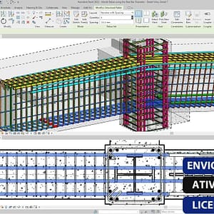 Software: Uma interface detalhada do Autodesk Revit 2022 - VITALÍCIO exibe os elementos estruturais de uma edificação, incluindo vigas e pilares. O texto no canto inferior direito diz: ENVIO INSTANTÂNEO, ATIVAÇÃO ONLINE, LICENÇA ORIGINAL. Visite nossa loja de software para comprar licença hoje mesmo!