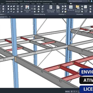 Software: Captura de tela de um modelo estrutural 3D no Advance Steel 2022 - Licença Vitalícia, mostrando vigas de intersecção em tons de vermelho e aço. As opções na tela exibem medições e outras configurações. Um rótulo azul em português diz Envio Instantâneo, Ativação Online, Licença Original — ideal para quem quer comprar software com entrega imediata.