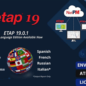 Software: Imagem promocional do software ETAP 19 - Licença Vitalícia, apresentando a versão 19.0.1 com suporte a vários idiomas. Os principais elementos incluem sinalizadores de vários idiomas, recursos de ativação e referências aos padrões IEEE 1584-2018. Perfeito para quem busca comprar software que esteja em conformidade com os padrões internacionais.