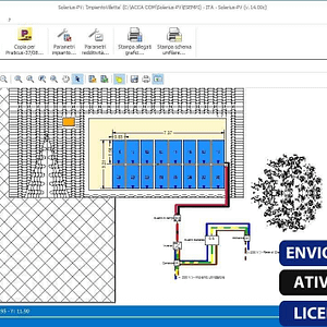 Software: Uma captura de tela da interface do software Solarius PV 16 2021 BIM 2 - VITALÍCIO mostra um diagrama de layout do painel solar completo com conexões de fiação. As opções do menu superior são visíveis, e o texto no canto inferior direito diz, "ENVIO INSTANTÂNEO, ATIVAÇÃO ONLINE, LICENÇA ORIGINAL," garantindo entrega imediata após a compra da licença.