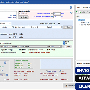 Software: Captura de tela da interface do software PVsyst 7.4 - Licença Anual para projeto de matriz solar. Ela exibe entradas para potência do módulo, detalhes do inversor e parâmetros de projeto. Uma lista de submatrizes está à direita. Os botões rotulados ENIVO INSTANTÂNEO, ATIVAÇÃO ONLINE e COMPRAR LICENÇA SOFTWARE estão na parte inferior.