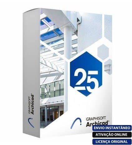 Software: Caixa do Archicad 25 – (Graphisoft) Software Vitalício com projeto arquitetônico moderno estampado na capa. O texto destaca o GRAPHISOFT Archicad, com Ativação Online e Licença Original. Aproveite a entrega imediata ao comprar licença para começar a projetar instantaneamente.