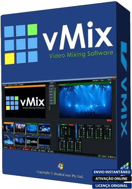 Software: A caixa do vMix Pro 26 + Licença Vitalícia exibe sua interface elegante, com um logotipo azul e verde, o nome do produto e uma prévia dos poderosos recursos de edição de vídeo do software. A embalagem promete entrega imediata e uma licença original da sua loja de software confiável.