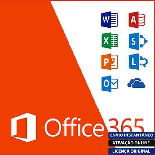 Software: Imagem promocional laranja e branca do Microsoft Office 365 2021 (Pacote Office) VITALÍCIO, mostrando ícones de aplicativos para Word, Excel, Access, OneNote, PowerPoint, Outlook e OneDrive à direita. O texto diz: Entrega Imediata, Ativação Online, Licença Original. Ideal para suas necessidades de uma loja de software confiável.