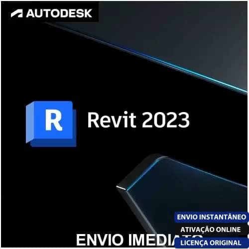 Software: Revit 2023 - Licença e Software Permanente com logo em um fundo escuro e texto em português: Envio Imediato, Envio Instantâneo, Ativação Online e Licença Original. Disponível para compra na loja de software hoje mesmo.