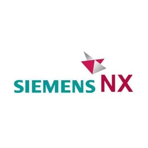 Software: O logotipo da Siemens NX 2023 - Licença Vitalícia (Permanente) apresenta "Siemens" em azul-petróleo e "NX" em vermelho, acompanhado de um desenho geométrico em vermelho e cinza que lembra triângulos convergentes, perfeito para quem busca comprar licença em uma loja de software.