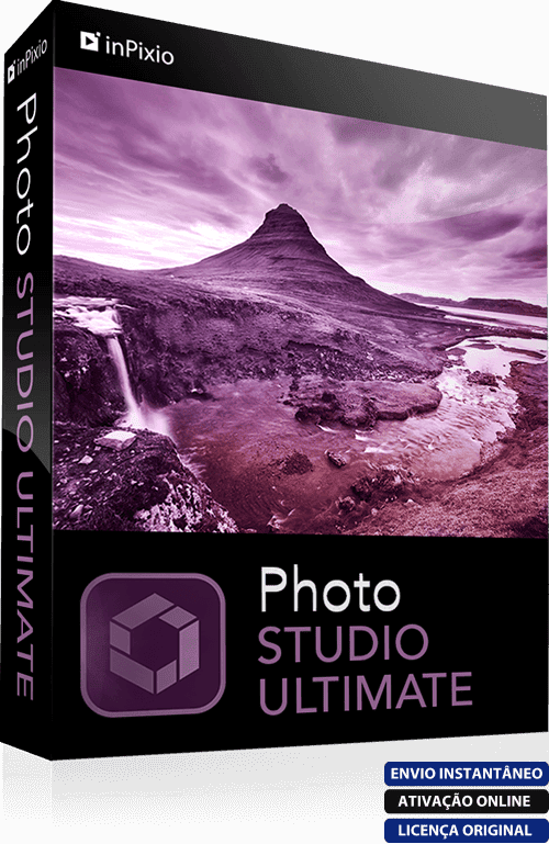 Software: Capa da caixa do InPixio Photo Studio Ultimate 11.0 - Licença Vitalícia, disponível na sua loja de software preferida, apresentando uma paisagem dramática com montanha e cachoeira em tons roxos. O texto inclui envio instantâneo, ativação online e licença original.