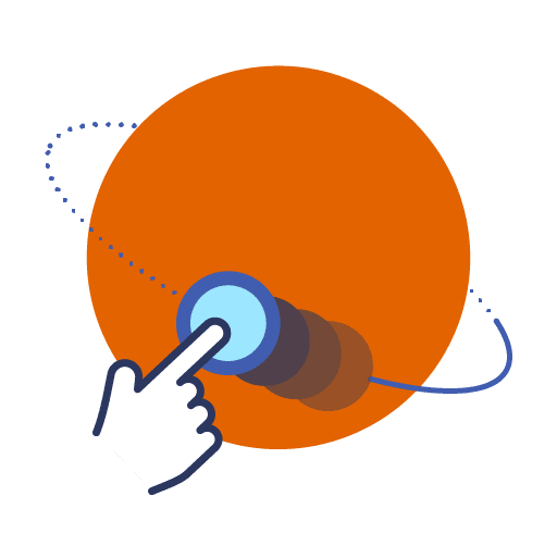 Software: Ilustração de um círculo laranja com uma linha azul semelhante a uma órbita e círculos sobrepostos de tamanhos variados. Uma mão branca com um dedo estendido aponta para os círculos, simbolizando "comprar software" Meteonorm 8 - VITALÍCIO com entrega imediata para manter seu reino digital perfeitamente conectado.