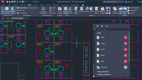 Software: Uma captura de tela apresenta a interface do Autodesk AutoCAD 2024 - Software Vitalício Original exibindo um projeto de planta baixa com vários cubículos de escritório rotulados como 606, ícones de computador e uma área marcada como Printer Island. A barra lateral de atividade de arquivo destaca edições recentes e movimentações de arquivo, tornando-a ideal para aqueles interessados em adquirir uma licença para execução simplificada de projeto.