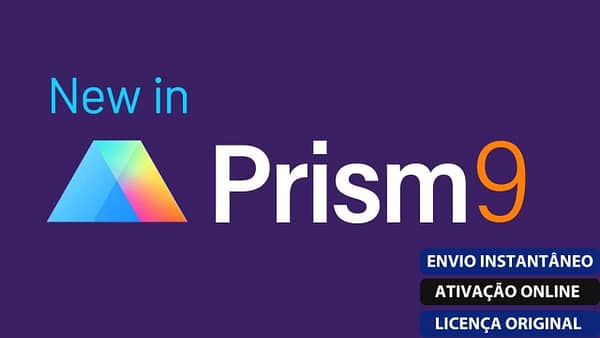 Software: Banner promocional do Graphpad Prism 9.5 com um gráfico de prisma vibrante e o texto "Novidades no Prism 9" em um fundo roxo. As tags em português no canto inferior direito indicam "Entrega Imediata", "Ativação Online" e "Licença Original Vitalícia", tornando-o um complemento essencial para qualquer loja de software.