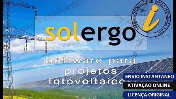 Software: Imagem de propaganda mostrando o SOLergo 2024, destacando um campo de painéis solares e linhas de energia contra um céu azul vibrante. O texto enfatiza "Software para projetos fotovoltaicos" com recursos como ativação online instantânea e licença original, promovendo-a como a melhor loja de software para entrega rápida.