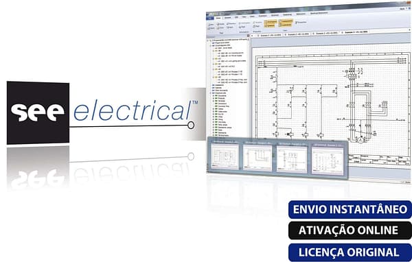 Software: Captura de tela do software SEE Electrical V8R2 (Vitalício) exibindo um diagrama de circuito elétrico. A interface inclui várias ferramentas e opções. O texto no lado direito destaca "entrega imediata", "ativação online" e "licença original" em português para clientes que desejam comprar o software.