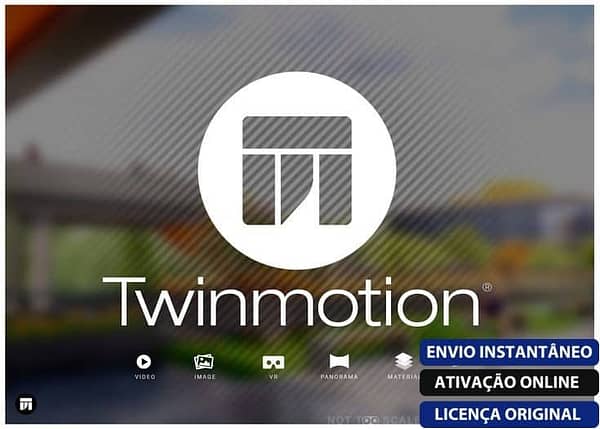 Software: Logo do software Twinmotion em um fundo listrado, apresentando um ícone estilizado de edifício. Abaixo ícones para vídeo, imagem, VR, panorama e materiais. O texto diz "Envio Instantâneo" e "Ativação Online"; a compra de licença está disponível através da loja de software garantindo entrega imediata com Licença Vitalícia Original Twinmotion.