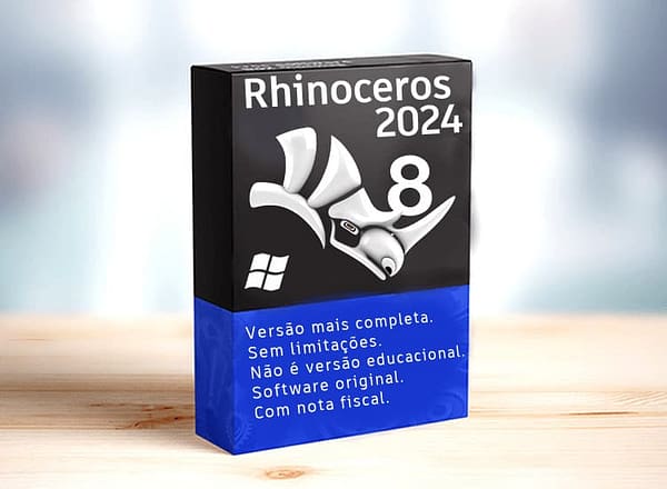 Software: Um pacote de software intitulado "Rhinoceros 8.7 - Rhino 8 (2024) Software Completo com Licença", com um logotipo do Windows, é exibido com destaque. A caixa destaca recursos em português, como "Versão mais completa" e "Sem Limitações". Este software está disponível para compra em uma loja de software e promete entrega imediata.