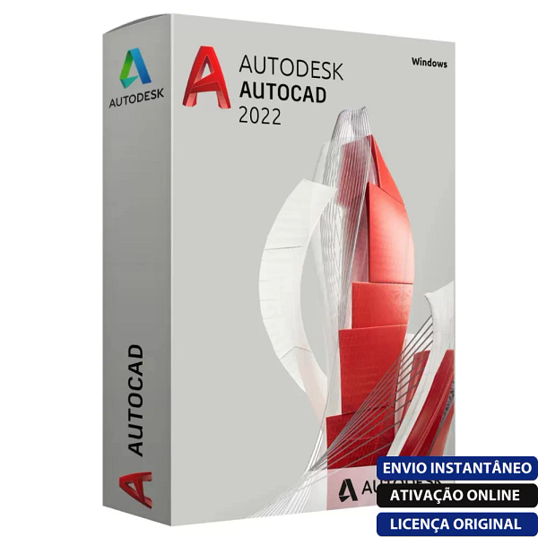 Software: Caixa do AutoCAD 2022 - Licença e Software Vitalício com o logotipo e um design estilizado em vermelho e branco. Inclui etiquetas de texto indicando compatibilidade com Windows e Licença Original em português, pronta para entrega imediata. Ideal para quem busca adquirir software com facilidade.