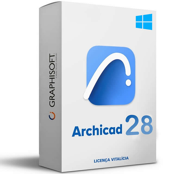 Software: Uma caixa de software renderizada em 3D para Archicad 28 - Software Vitalício - Completo da Graphisoft, exibindo um logotipo azul estilizado com um arco branco. O logotipo do Windows está posicionado no canto superior direito, com "LICENÇA VITALÍCIA" exibido na parte inferior. Disponível em nossa loja de software para entrega imediata.