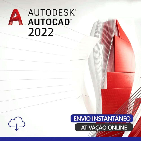 Software: Imagem de capa do Autodesk AutoCAD 2022 - Software Vitalício Original com o logotipo, um design abstrato vermelho e branco, e texto indicando Envio Instantâneo e Ativação Online, acompanhado de um ícone de nuvem. Ideal para quem busca adquirir um software com facilidade.