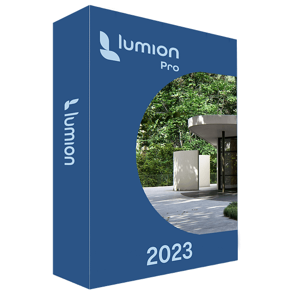 Software: Box do software Lumion 2023 – Renderização 3D em Tempo Real para Arquitetura com desenho azul e imagem circular de um edifício moderno rodeado de muito verde, disponível na loja de software.