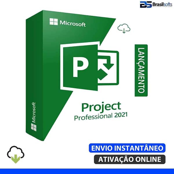 Software: Caixa do MS Project 2021 | Microsoft Project Professional + Nota Fiscal com design verde. Os rótulos exibem LANÇAMENTO, Entrega Imediata e Ativação Online. Um ícone de download na nuvem está posicionado na parte inferior, tornando-o perfeito para quem deseja comprar uma licença instantaneamente.