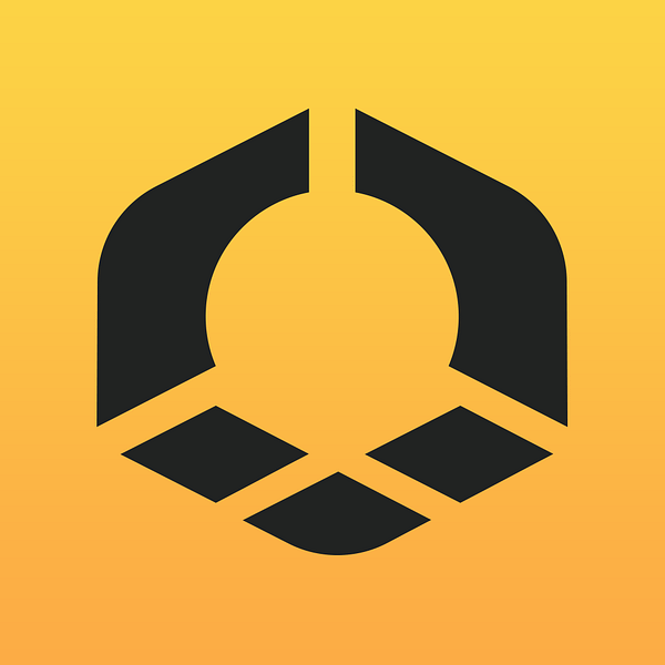 Software: Design de logotipo geométrico preto ousado em um fundo gradiente amarelo-laranja. Este design apresenta um centro circular ladeado por duas formas apontando para cima com uma pequena barra horizontal abaixo, formando um emblema abstrato — ideal para branding de software ou empresas interessadas em comprar a licença PVcase - Software de Design Solar Fotovoltaico 3D.