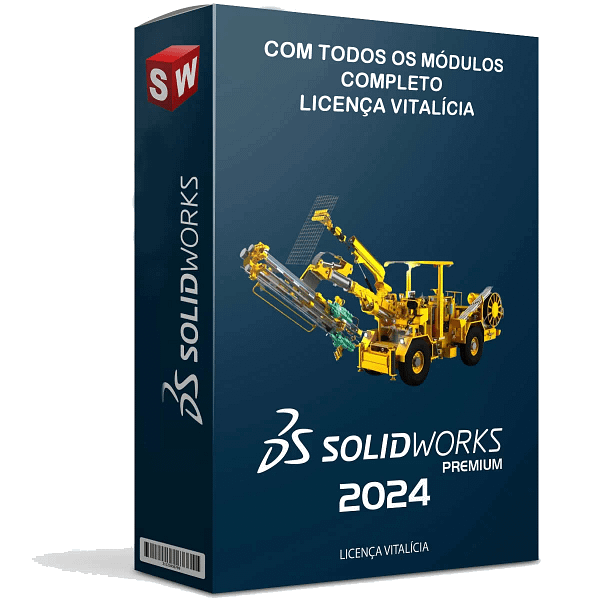 Software: O pacote de software SolidWorks 2024 SP4 - VITALÍCIO apresenta uma ilustração de escavadeira amarela em sua caixa. Em português, ele fornece detalhes sobre todos os módulos e inclui uma licença vitalícia. É ideal para indivíduos que buscam comprar licença de loja de software com simplicidade e confiabilidade.