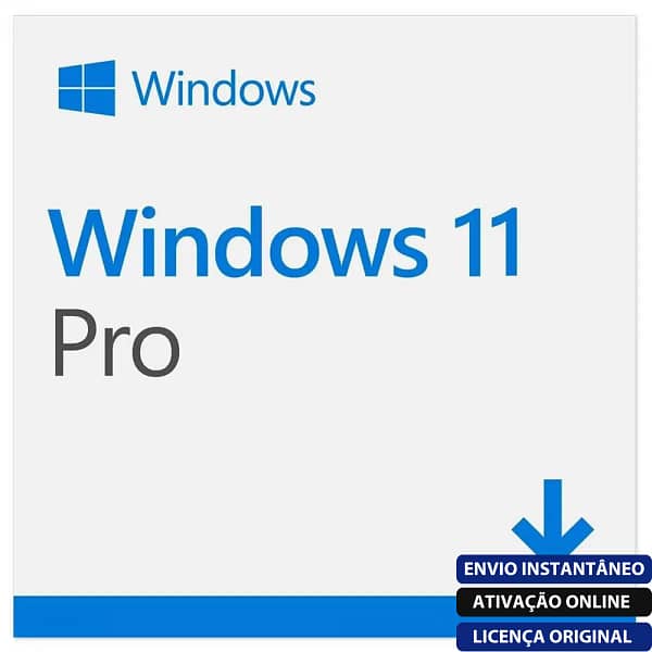 Software: Uma imagem promocional do Windows 11 Pro, 32/64Bits, Português Brasil - Licença Vitalícia, disponível em sua loja de software preferida, traz o logotipo do Windows e texto indicando Envio Instantâneo, Ativação Online e Licença Original em português. O design geral é simples, com um esquema de cores azul e branco.