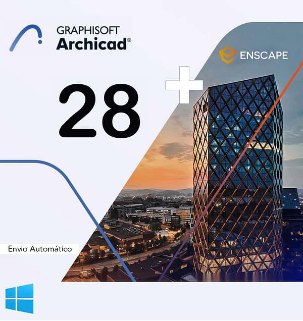 Software: Uma imagem promocional mostra os logotipos do Archicad 28 + Enscape 4.1, exibindo com destaque o número 28 com um sinal de mais. O fundo apresenta um edifício de vidro moderno ao pôr do sol, com vista para uma paisagem urbana. A imagem inclui avisos para comprar software ("comprar software") junto com o logotipo do Windows e o texto "Envio Automático" integrados ao design.