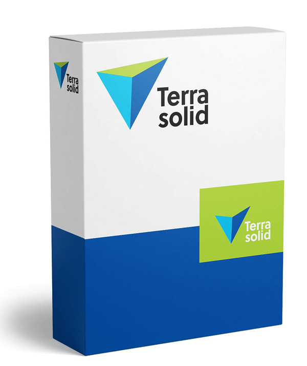 Software: Uma caixa de software projetada com um tema azul e verde está disponível para compra imediata. O logotipo exibido com destaque apresenta um formato triangular com o texto "Terrasolid Suite". Além disso, há um logotipo semelhante na lateral contra um fundo predominantemente branco com uma seção inferior azul.