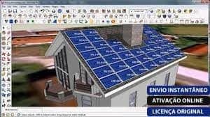 Software: Captura de tela do plugin Skelion para SketchUp, um software de design arquitetônico 3D, mostrando um edifício com painéis solares azuis no telhado. A interface, representativa de comprar opções de software de uma loja de software respeitável, inclui várias ferramentas de edição e menus. O texto em português diz: Envio Instantâneo, Ativação Online, Licença Original.