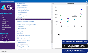 Software: Captura de tela do GraphPad Prism 9.5 - Windows - VITALÍCIO. O painel esquerdo apresenta uma lista de opções estatísticas, com dispersão aleatória escolhida. O painel direito exibe um gráfico de dispersão com pontos em uma grade. Na parte inferior, o texto em português do Brasil descreve as opções de licenciamento — ideal para aqueles que pretendem comprar licença por meio de uma loja de software.
