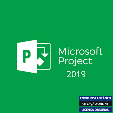 Software: Fundo verde com o logotipo do MS Project 2019 (Microsoft Project Professional). O logotipo apresenta uma representação abstrata de uma ferramenta de planejamento de projetos. O texto em português na parte inferior diz Envio Instantâneo, Ativação Online, Licença Original, ideal para quem deseja comprar software confiável.