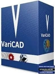 Software: Uma caixa predominantemente azul do software VariCAD 2022, com um grande V branco no topo. O design exibe ilustrações de engrenagens mecânicas e destaca recursos como ativação online e licença original. Ideal para quem deseja comprar uma licença de uma loja de software confiável.