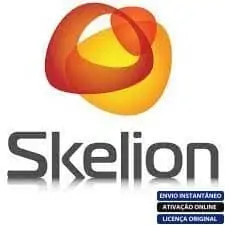 Software: A imagem exibe o logotipo do Skelion Plugin SketchUp - Solar Design, apresentando um arranjo abstrato de formas laranja e amarelas entrelaçadas. A palavra "Skelion" é apresentada em uma fonte elegante e moderna abaixo dela. No canto inferior direito, uma pequena caixa azul inclui rótulos em português sugerindo onde comprar software ou visitar uma loja de software.