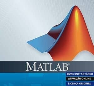 Software: O logotipo do MATLAB R2022a v9.12 apresenta um gráfico dinâmico em forma de onda com várias cores definidas contra um fundo cinza claro, exibindo curvas azuis e laranja que representam a visualização de dados. Abaixo do logotipo, "MATLAB" é pareado com frases em português discutindo ativação online instantânea e a compra de licenças de software originais.