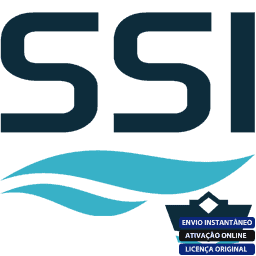 Software: O logotipo apresenta letras “SSI” em negrito acima de uma onda azul estilizada, com um pequeno emblema no canto inferior direito onde se lê “comprar licença, ENVIO INSTANTÂNEO, ATIVAÇÃO ONLINE, LICENÇA ORIGINAL” para o SSI ShipConstructor Suite Ultimate - Licença Vitalícia.