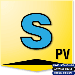 Software: O Solarius PV 16 2021 BIM 2 - VITALÍCIO apresenta um logotipo amarelo e preto com uma letra S azul proeminente no centro. As letras PV aparecem no canto inferior direito, acompanhadas por um texto azul abaixo que diz ENVIO INSTANTÂNEO, ATIVAÇÃO ONLINE, LICENÇA ORIGINAL — ideal para quem quer comprar software de uma loja de software confiável.